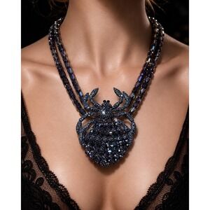 Halloween Crystal Spider Black Crystal Spider Statement Necklace Iridescent